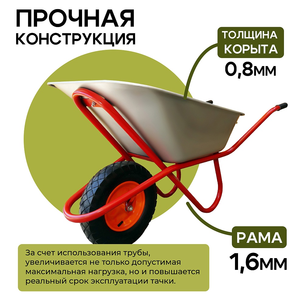 Тачка Промышленник 1-колесная оцинкованная, 110 литров (пневмоколесо) фото 3